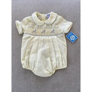 NWT Carriage Boutique 12 mths Boys Smocked Bubble Romper Embroidered Horses VTG